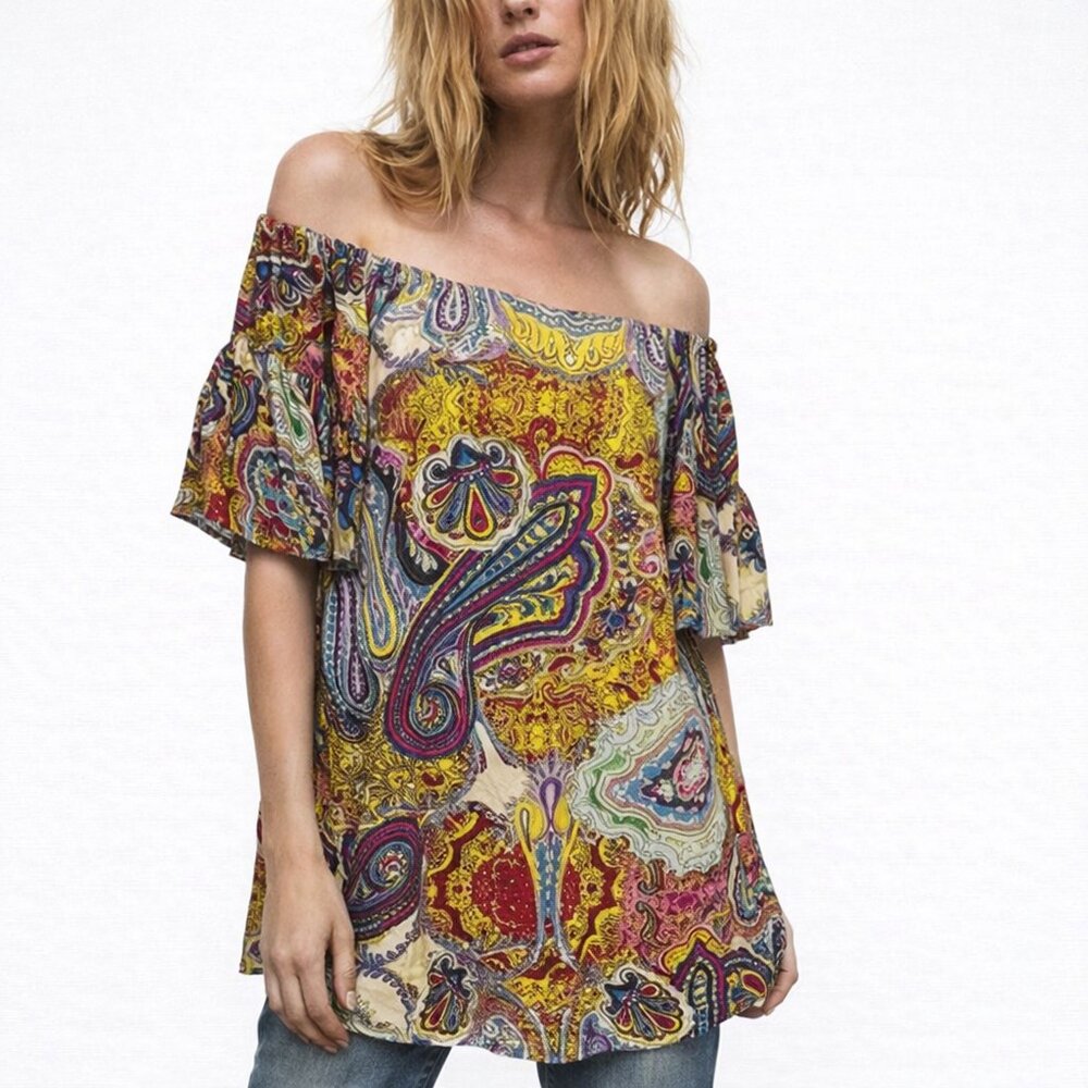 Umgee Boho Paisley Off Shoulder Tunic Top Ruffle Sleeve Scoop Neck Cottage M